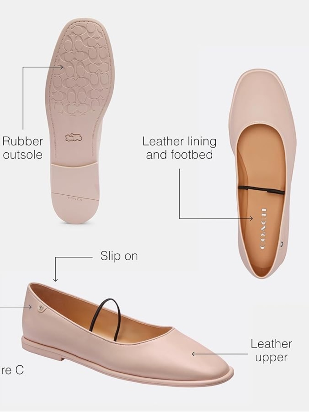 Coach Women's Pale Pink Leather Square-Toe Ballet Flat - Picture 3 of 6